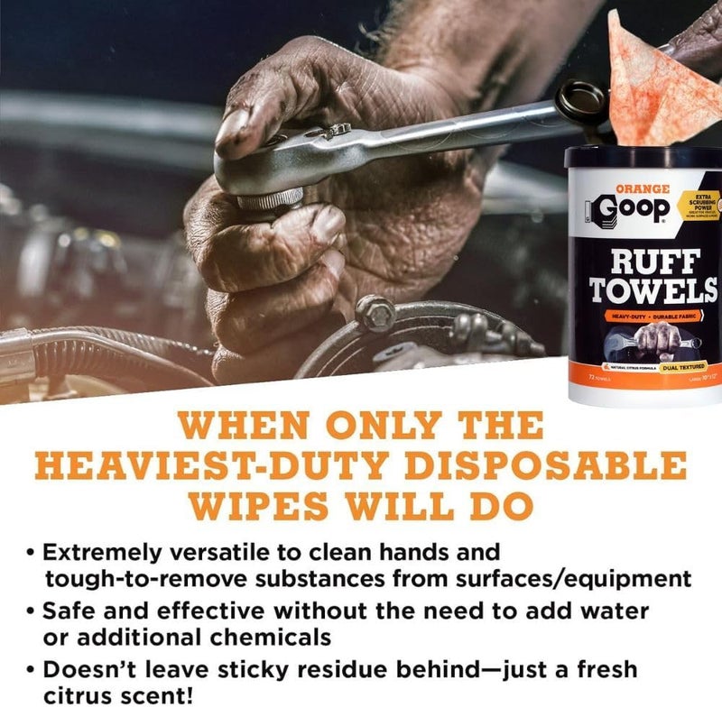 Goop Orange Heavy Duty Ruff Towels with Scrubbing Power, 10” x 12” Dual Textured Multi-Purpose Cleaning Wipes, Removes Dirt, Grease, Oil, 72 Count (Pack of 2) - Image 4